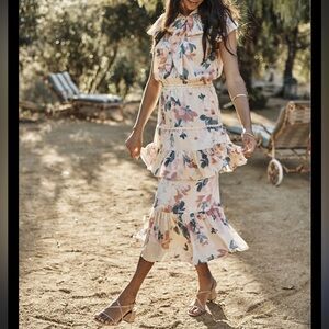 RYEGRASS Peach Floral Tie Neck Ruffle Tiered Romantic Spring Maxi Dress Size 2X